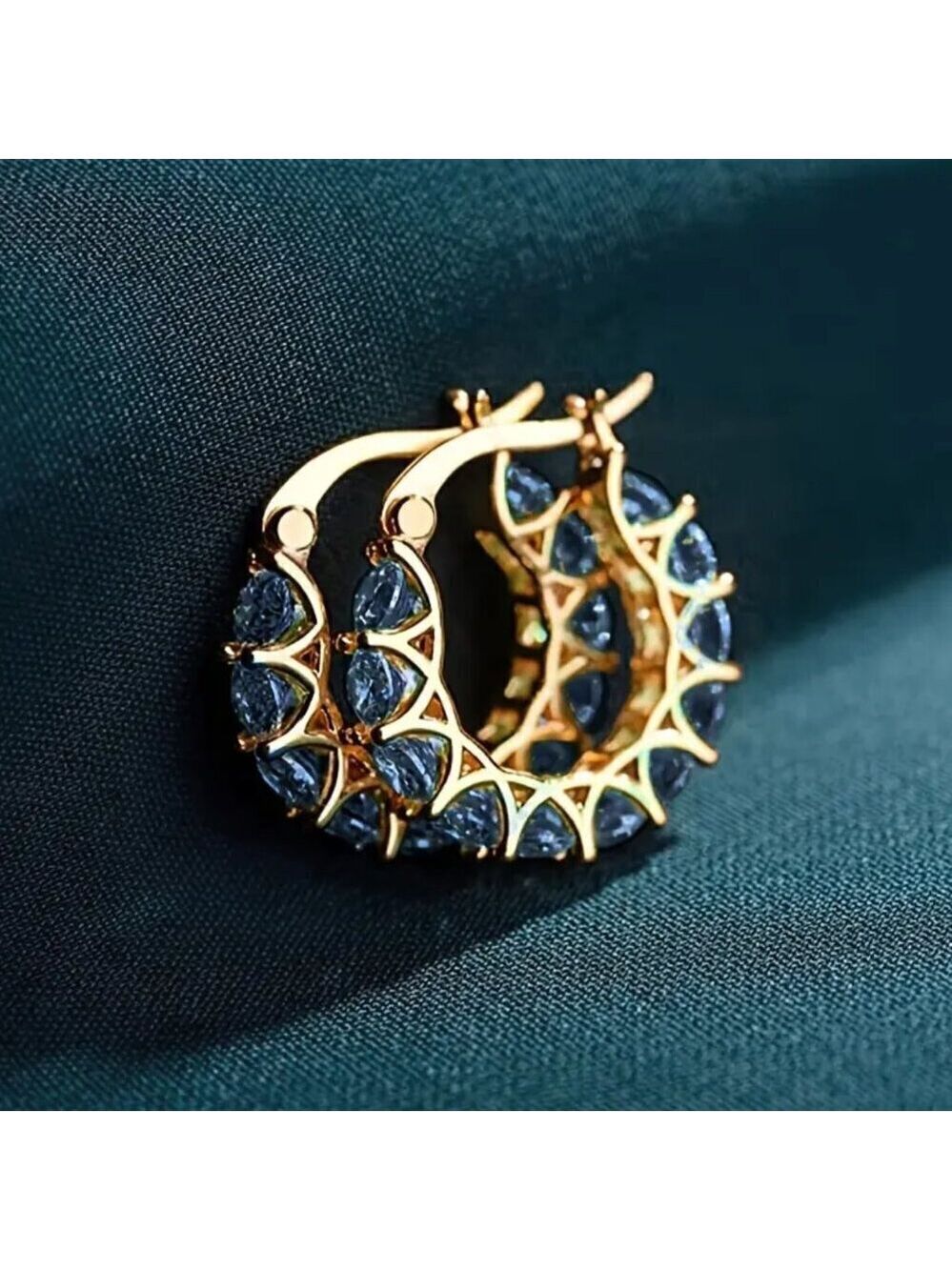 Huggie Hoop MAJOR BLING Earrings #1424 gold tone blue stone